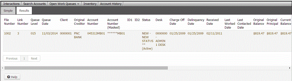 Search Accounts dialog box - Results tab