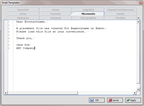Email Templates window - example Email Templates window - example
