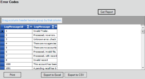 Error Codes report Error Codes report