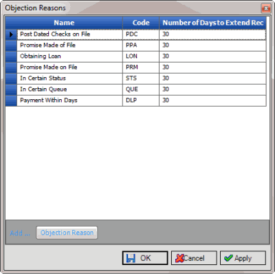 Objection Reasons window Objection Reasons window