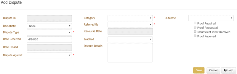 Add Dispute dialog box Add Dispute dialog box