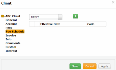 Client dialog box - Fee Schedule tab