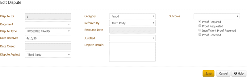 Edit Dispute dialog box Edit Dispute dialog box