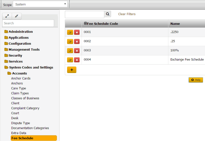 Fee Schedule panel Fee Schedule panel
