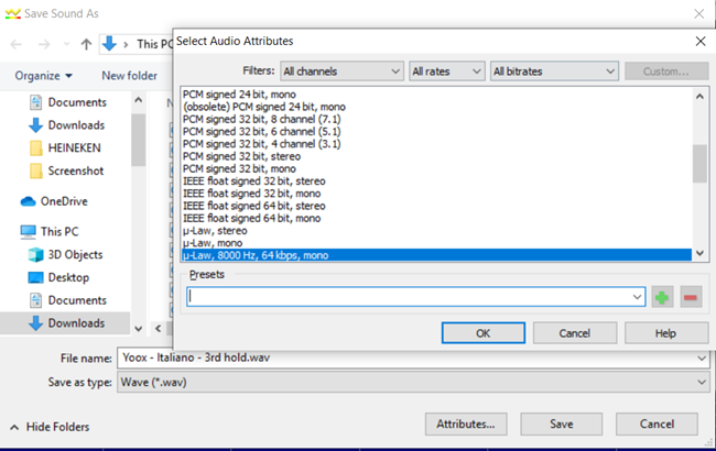 Select Audio Attributes dialog box