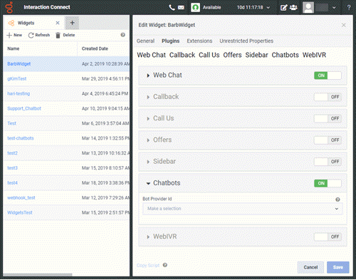 Edit Widget panel - Plugins tab - Chatbots section