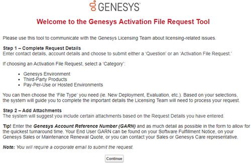 Welcome to the Genesys Activation File Request Tool page Welcome to the Genesys Activation File Request Tool page