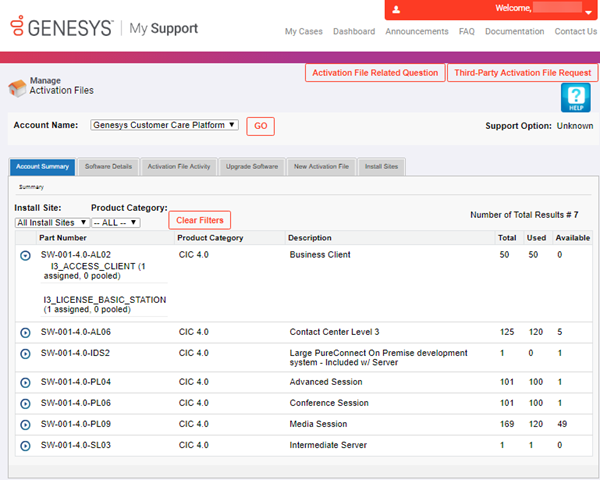 Manage Activation Files page Manage Activation Files page