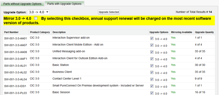 Parts with Upgrade Options tab Parts with Upgrade Options tab