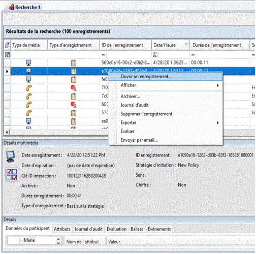Interaction Recorder Client dans Aide d'IC Business Manager Ouvrir un
