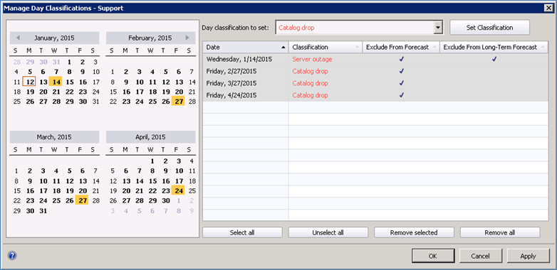 Manage day classifications