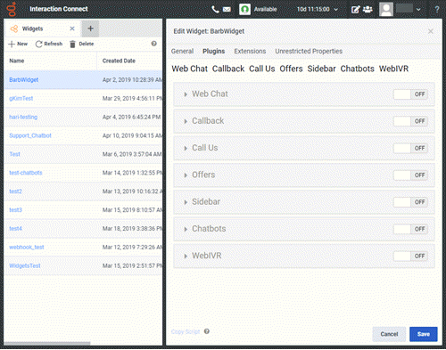 Edit Widget panel - Plugins tab