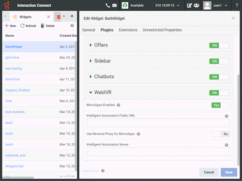 Edit Widget panel - Plugins tab - WebIVR section