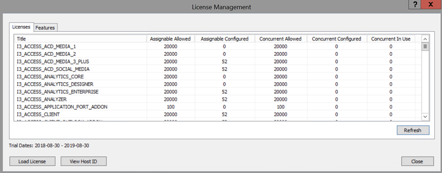 License Management dialog box - Licenses tab