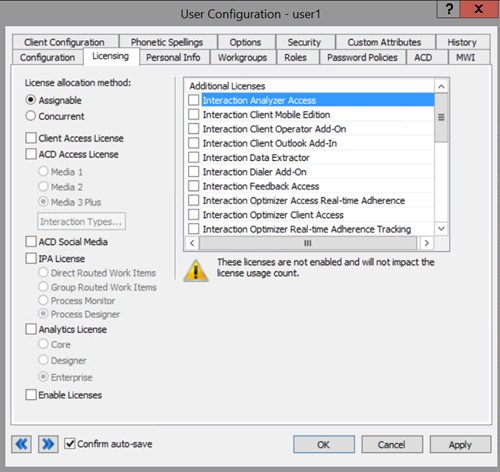 User Configuration dialog box - Licensing tab User Configuration dialog box - Licensing tab