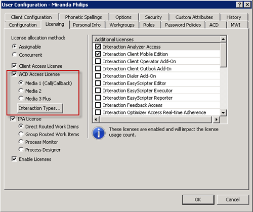 User Configuration dialog box - Licensing tab